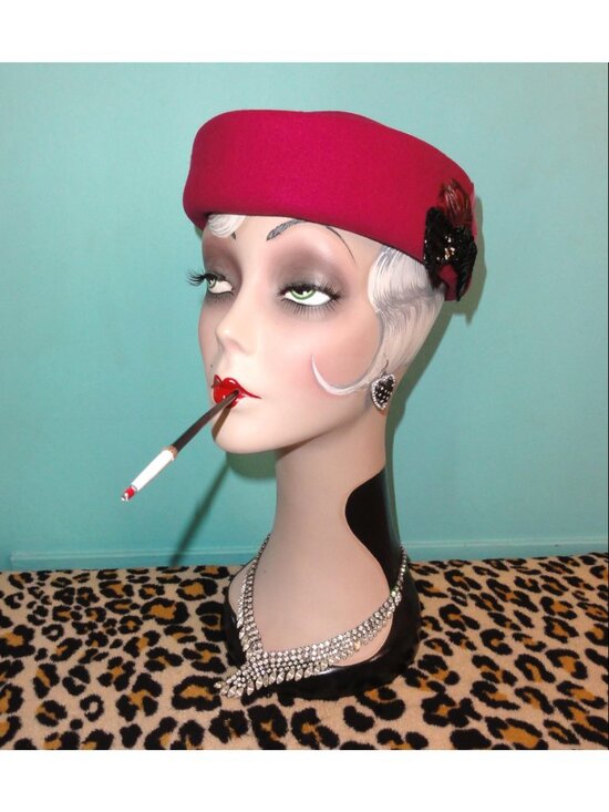 Vintage Bollman Fuchsia Wool Pillbox Hat w/ Feathers church hat retro pinup main image 6